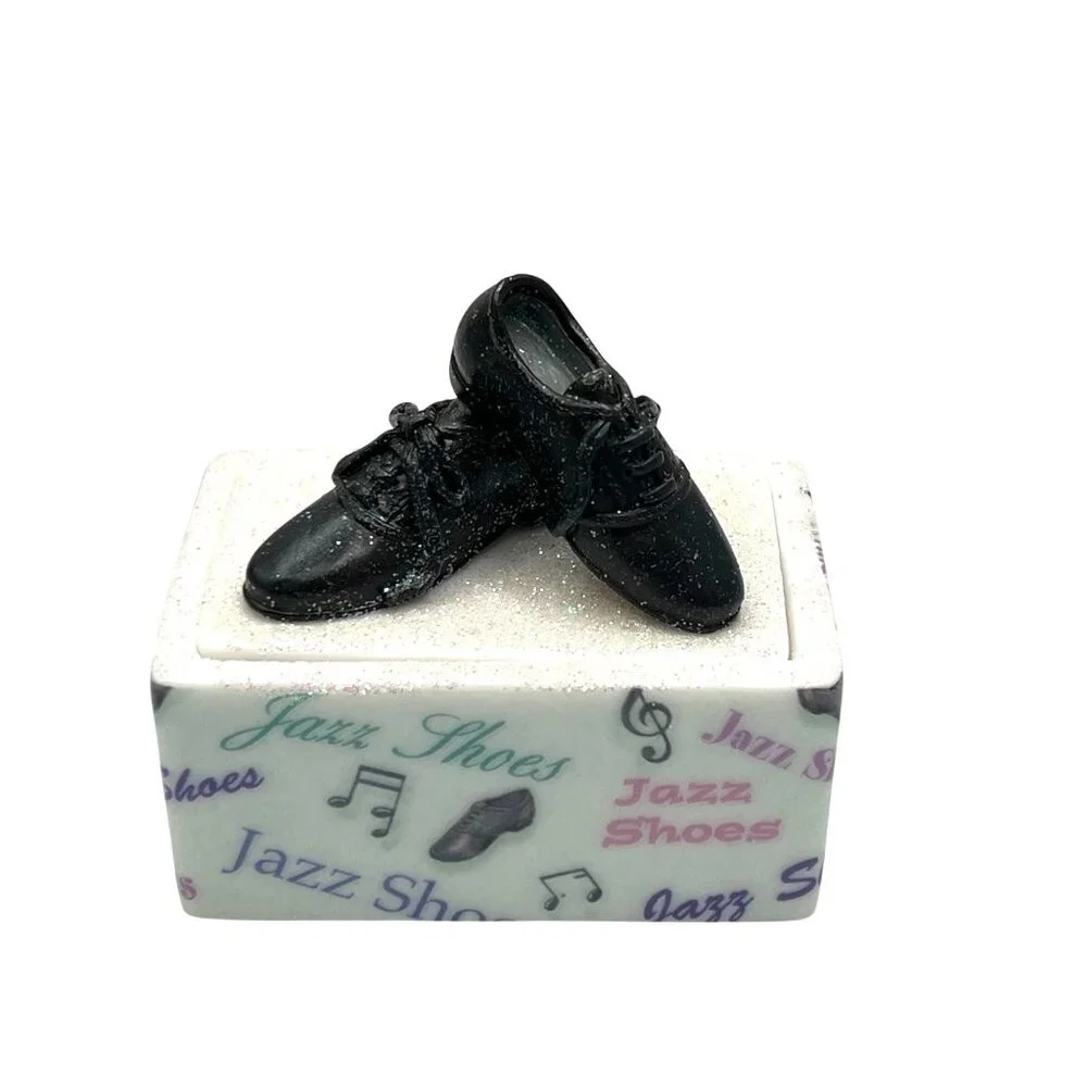 Enesco Jazz Shoes Trinket Porcelain Box Jewelry Glitter Collectible Musical Gift